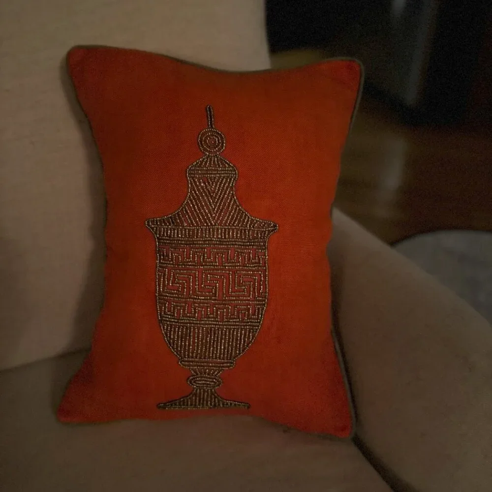 Vintage Jonathan Adler Vibrant Orange Gold Beaded Lantern Pillow